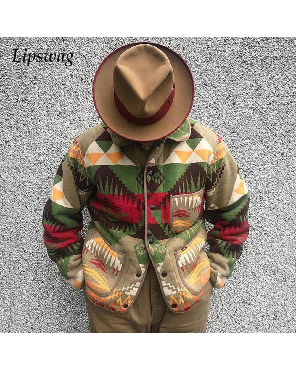 Mens Vintage Printed Long Sleeve Jackets Autumn Winter Fashion Button Coats For Men front-0