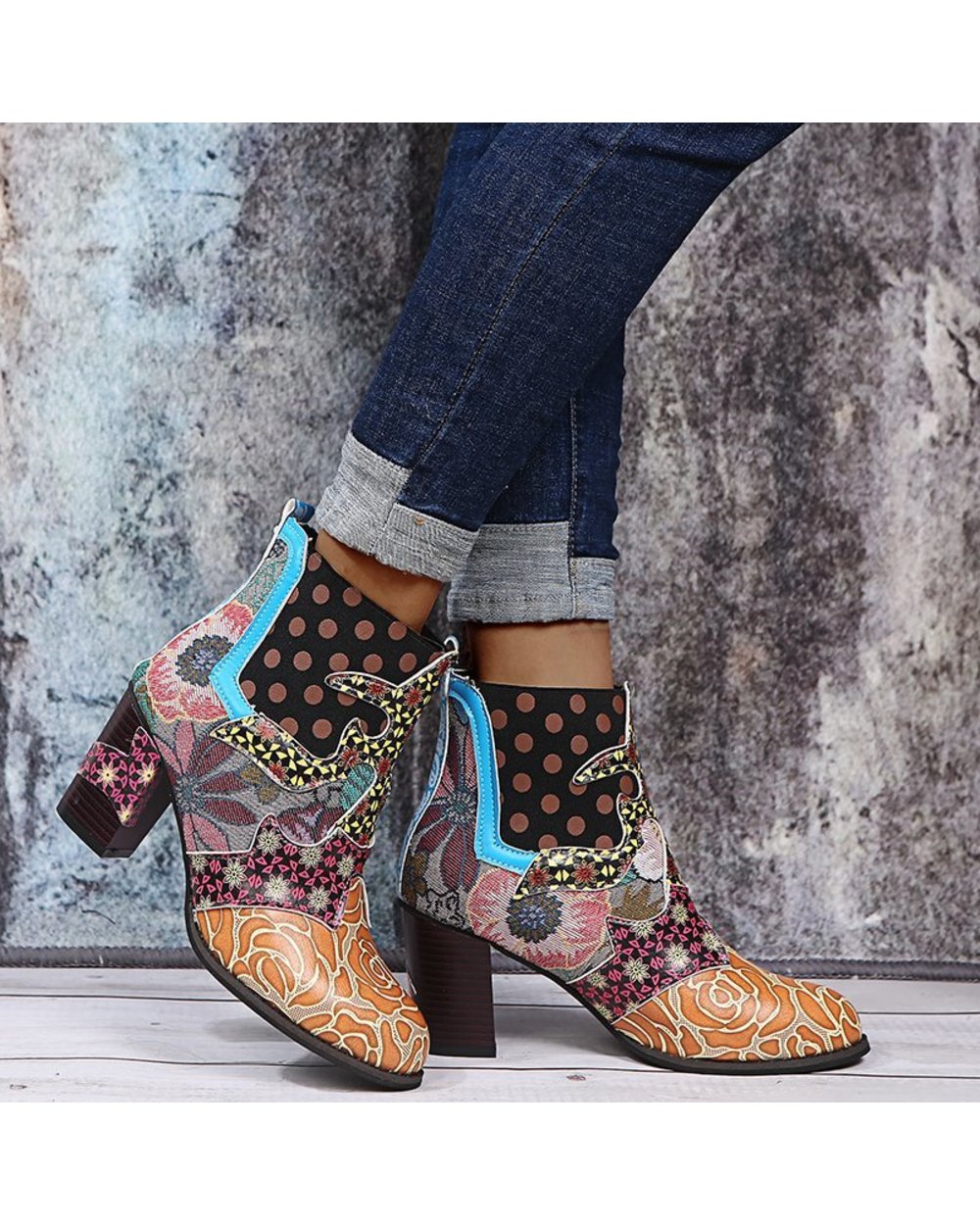 Bohemian Female Martin Boots Women Casual Retro Ethnic Wind Printing High Heels Shoes front-5