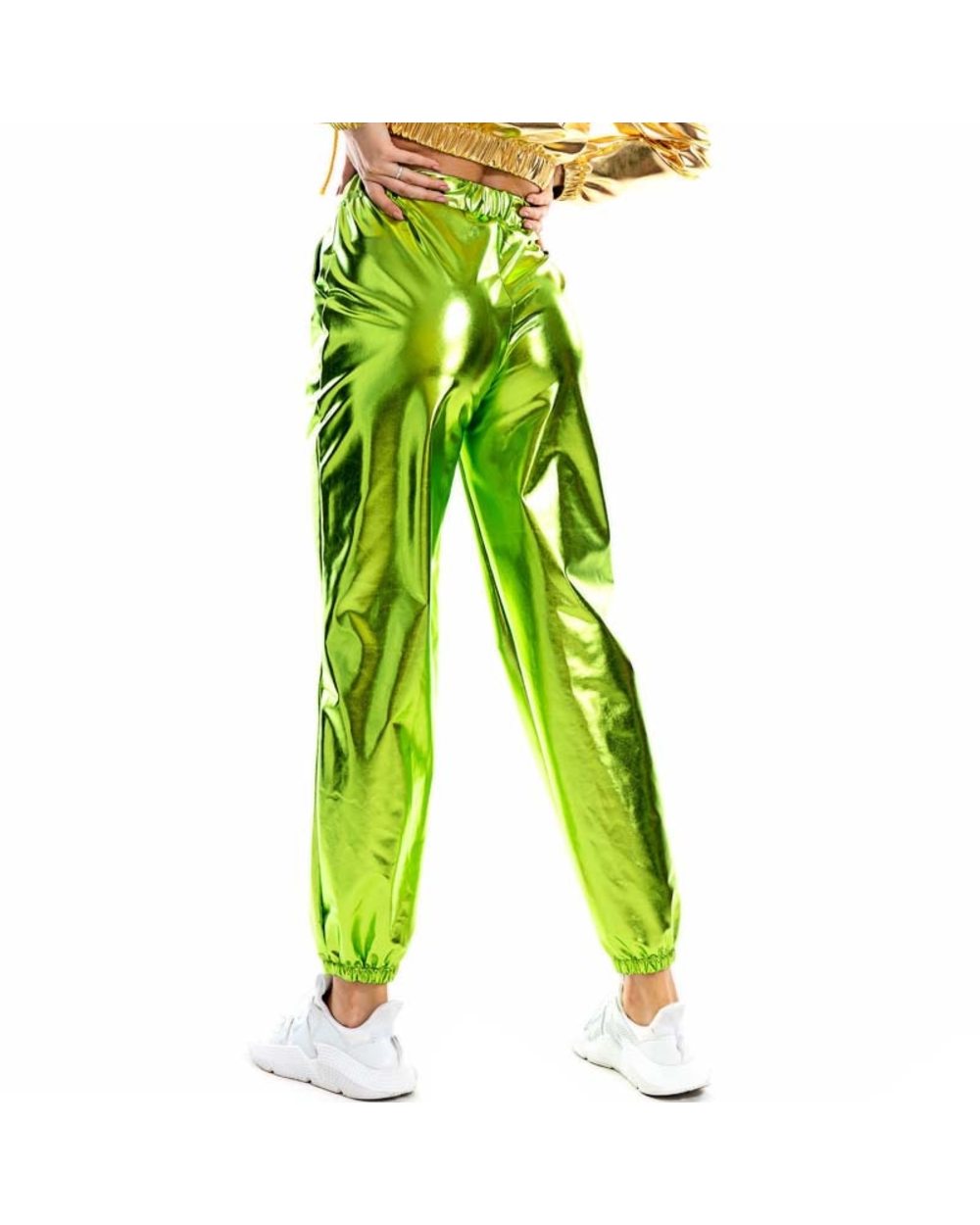 Women Shiny Holographic Pants Loose High Waist Metallic Trousers Dance Performance Hip Hop Pants Streetwear Joggers front-3