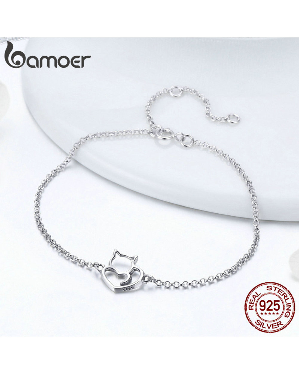 Mainecoon Sterling Silver Cat And Heart Link Chain Bracelets Bangles for Women Authentic Silver Jewelry front-3