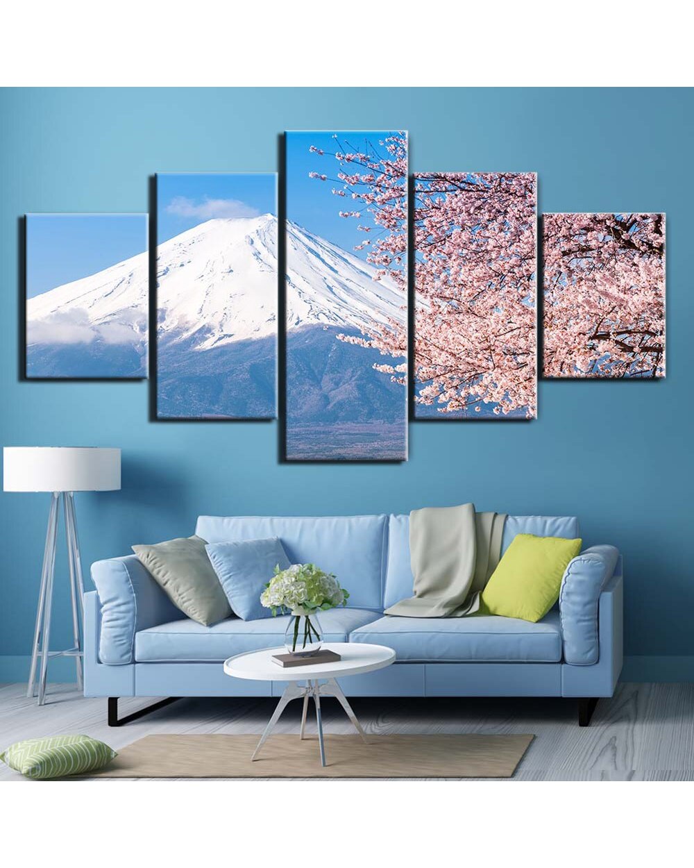 Snow Mountain Landscape and Sakura Flower Picture Print Nature 5 Panel Canvas Art Wall Decor front-1