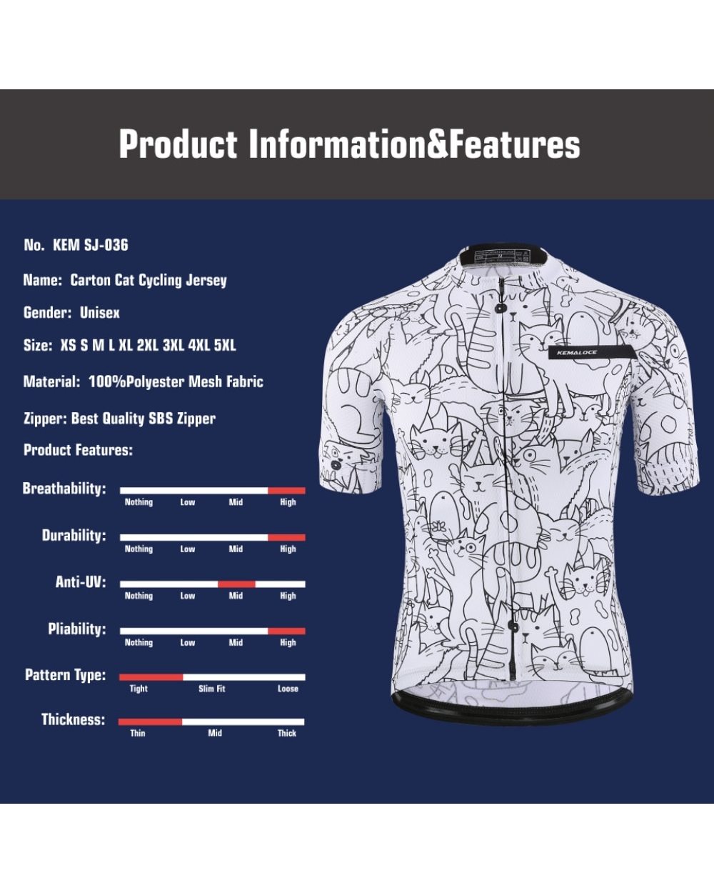 KEMALOCE Breathable Unisex White Cartoon Cat Cycling Jersey Spring Anti-Pilling Eco-Friendly Bike Clothing front-1