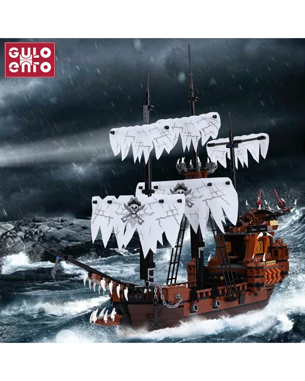 Black Pirate Ship Model Building Blocks Creative Series Red Boat Movie Bricks Assembly Toys Gifts For Children front-4