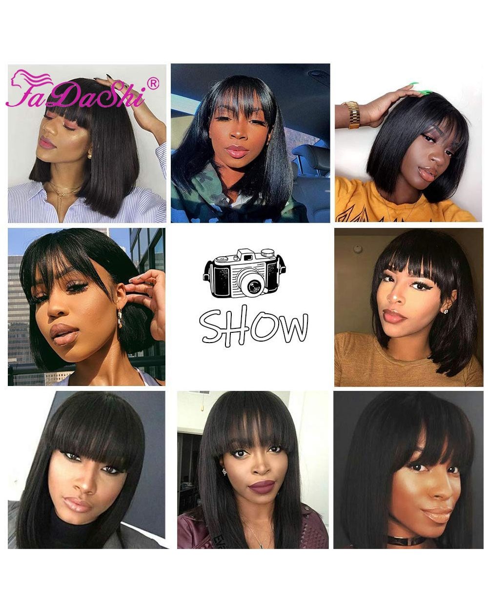Short Bob Wig With Bangs Straight Brazilian Hair Wigs For Women Human Hair Glueless Wig Full Machine Made Human Hair front-5