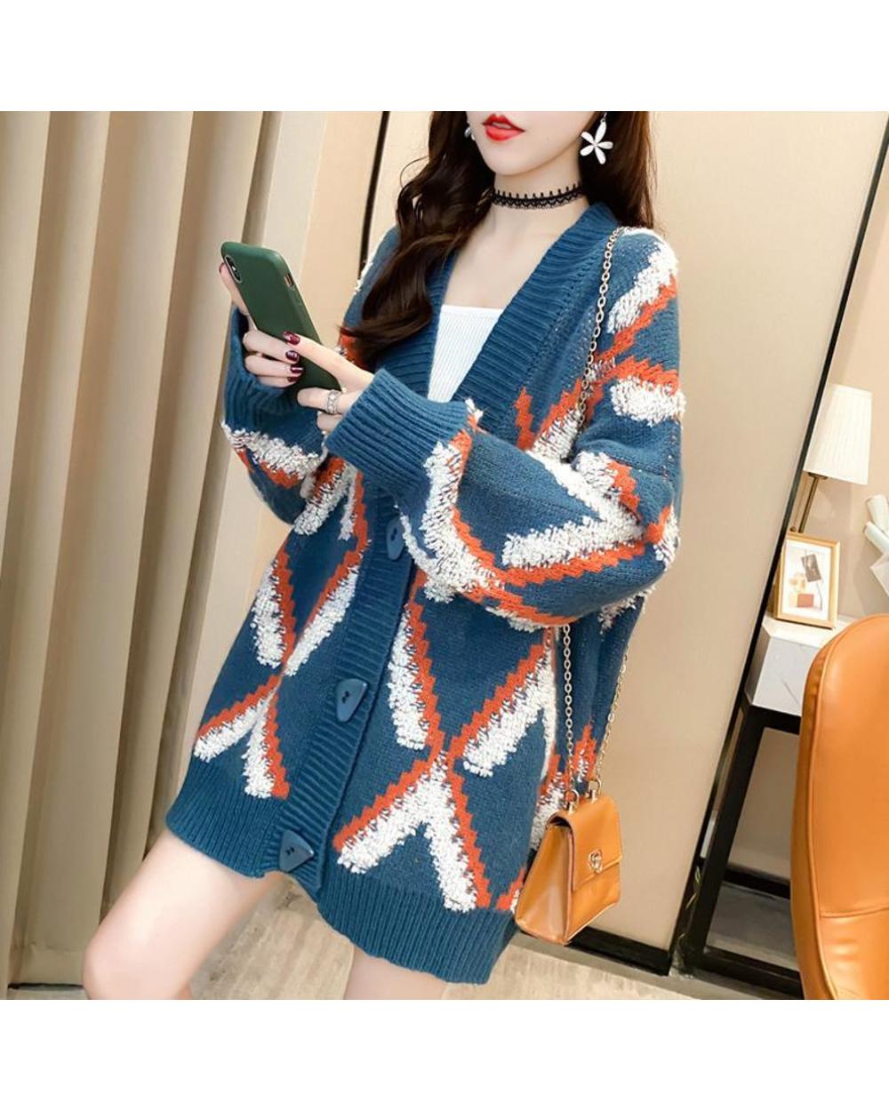 Fashion Print Women Cardigans Sweater Korean 2022 Winter New Loose Oversized Long Sleeve Knitted Lady Argyle Sweaters front-3