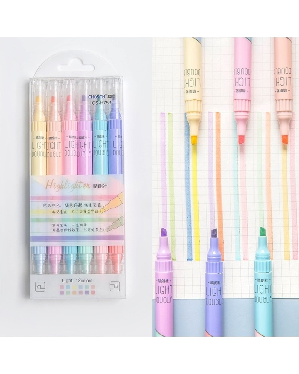 6Pcs Light Highlighter Pens Set 3Mm Dual Ended Double Color Marker Liner Drawing Pen Paint Art Office School Supplies A front-0