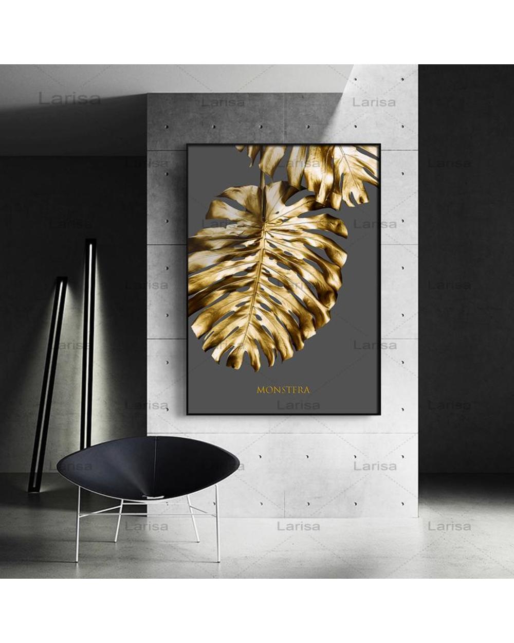 Nordic Modern Abstract Painting Golden Leaf Flower Canvas Wall Art Poster Black White Feathers Picture For Living Room front-3