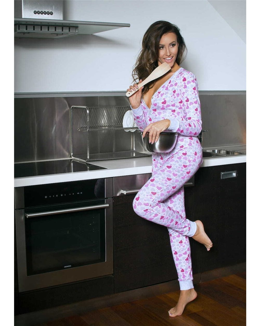 Valentine's Day Sleepwear Jumpsuit Long Sleeve Butt Flap Romper Women V-neck Heart Lip Bodycon Rompers Overalls front-3
