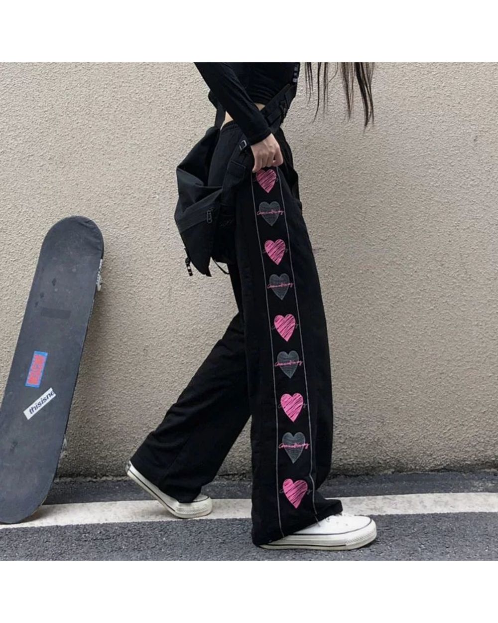 Black Korean Heart Pants Cute Girl Harajuku Trousers Female Streetwear Gothic Sweatpants Women front-2