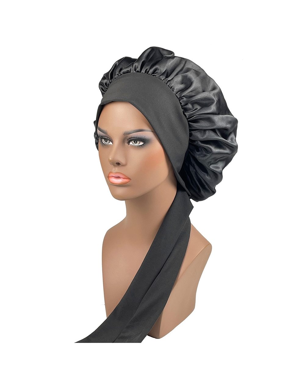 Women Satin Bonnet Spandex Wide Stretchy Band Long Tail Bonnet For Women front-0