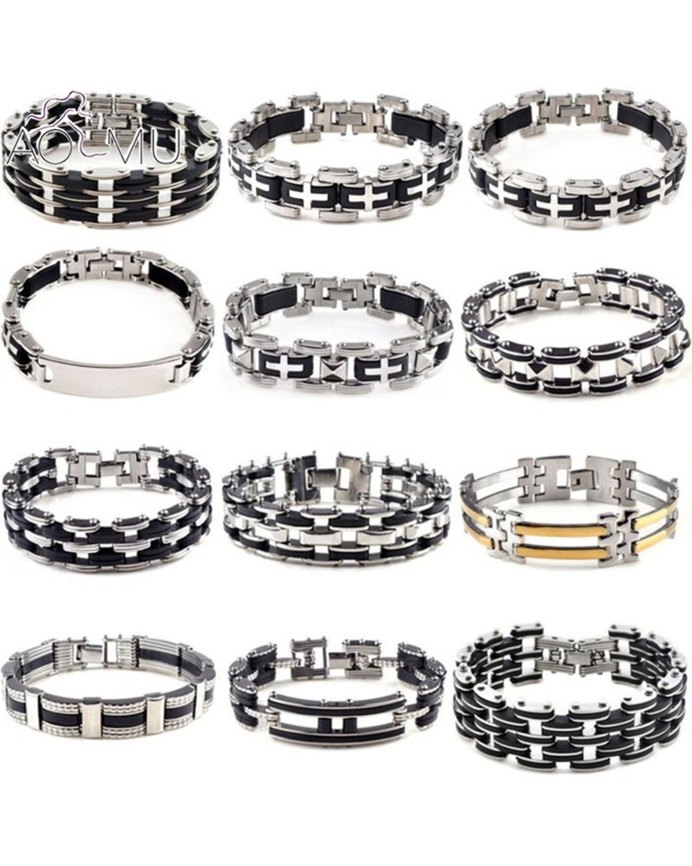 Stainless Steel Link Chain Bracelets Wristband Biker Motorcycle Black Silicone Bracelet front-0