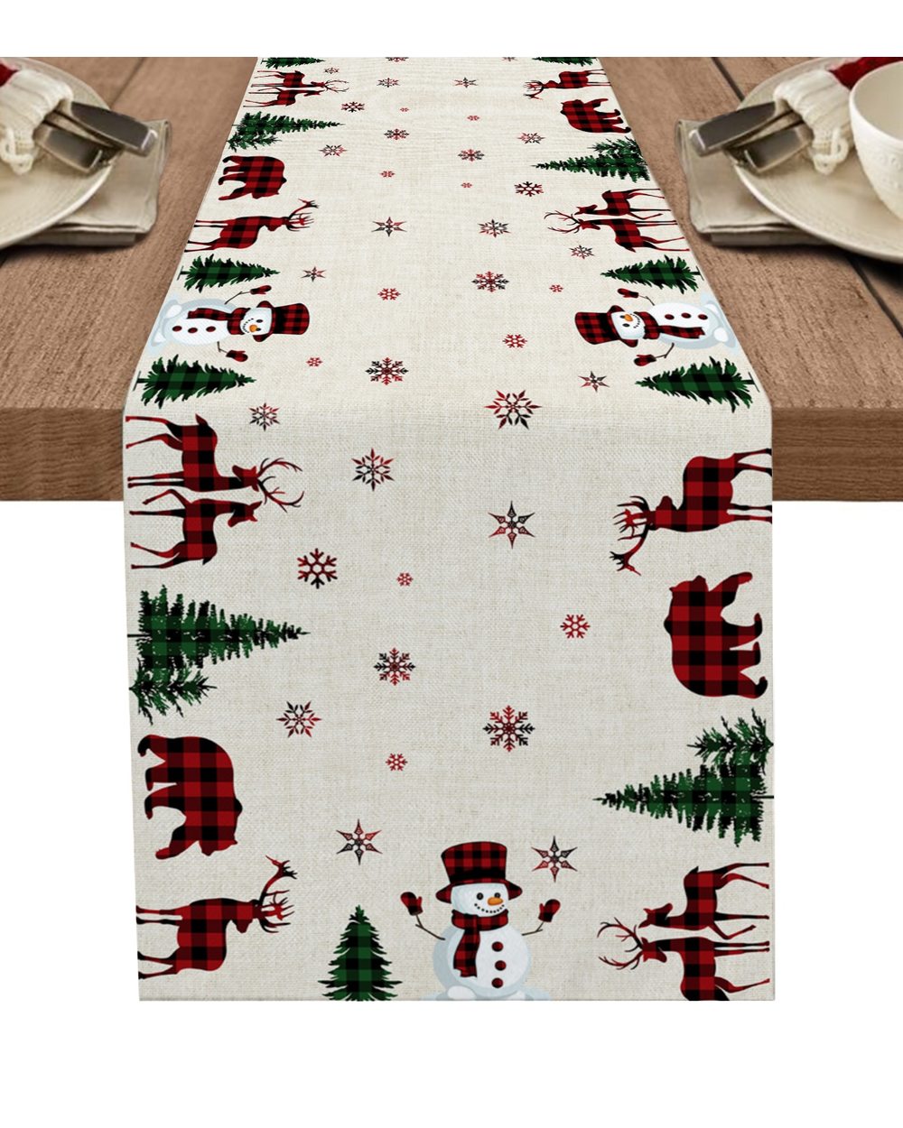 Christmas Table Runner. Tree Elk Snowflake Plaid Christmas Family