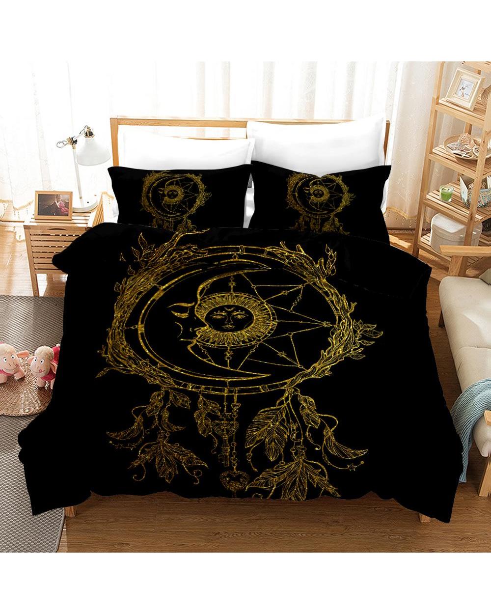 Bohemian Black Gold Duvet Cover Sets,Boho Style Stars Moon Design Bedding Sets, Bedroom Decoration,1Duvet Cover front-1