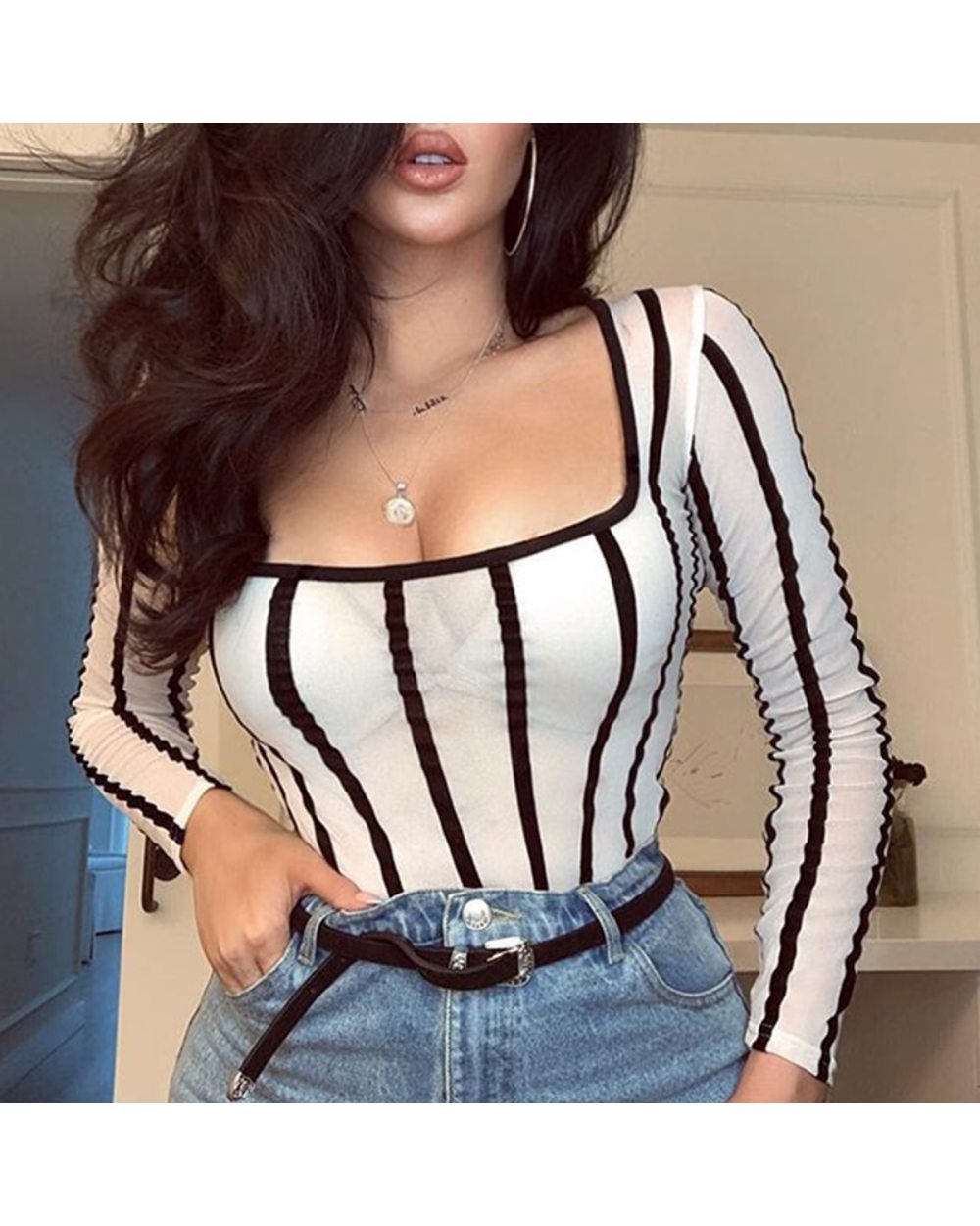 High Street White Scoop Neck Mesh Sheer Striped Long Sleeve Rompers Women Body Fishnet Top Fashion See-through Jumpsuits front-0