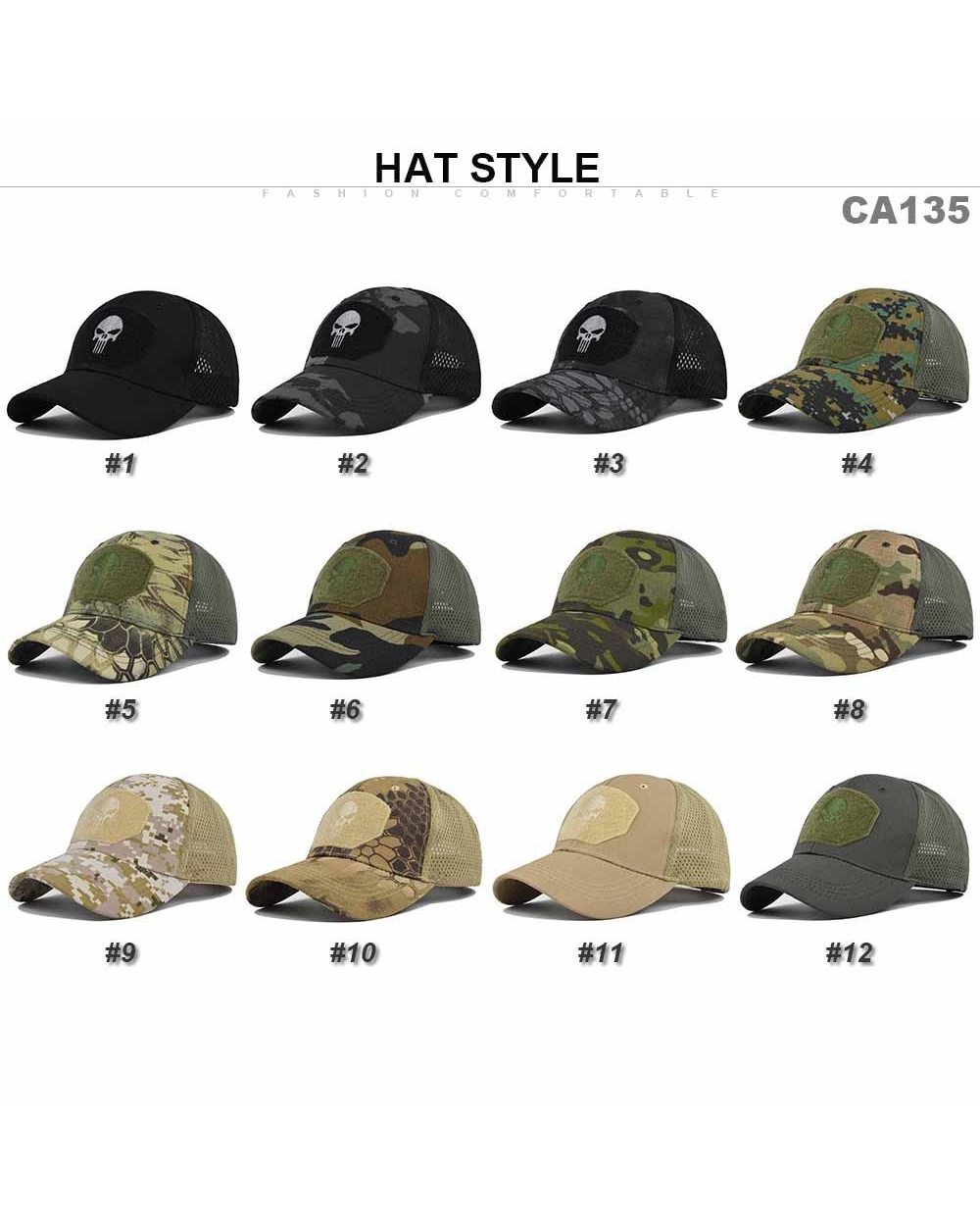Tactical Military Baseball Caps Multicolor Camouflage Breathable Sun Visor Mesh Outdoor Hunting Hiking Skeleton Snapbac front-1