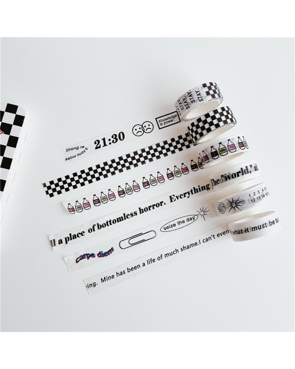 Korean Ins Black White English Adhesive Washi Tape Simple Style Checkerboard Manual Stationery Decorative Tape Seal Sti front-0