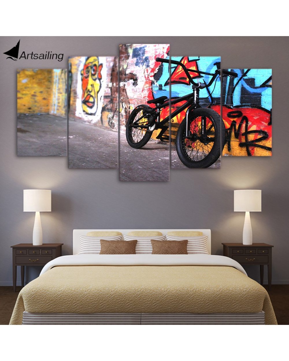 Bike Graffiti Wall Picture Print Sports 5 Panel Canvas Art Wall Decor front-3