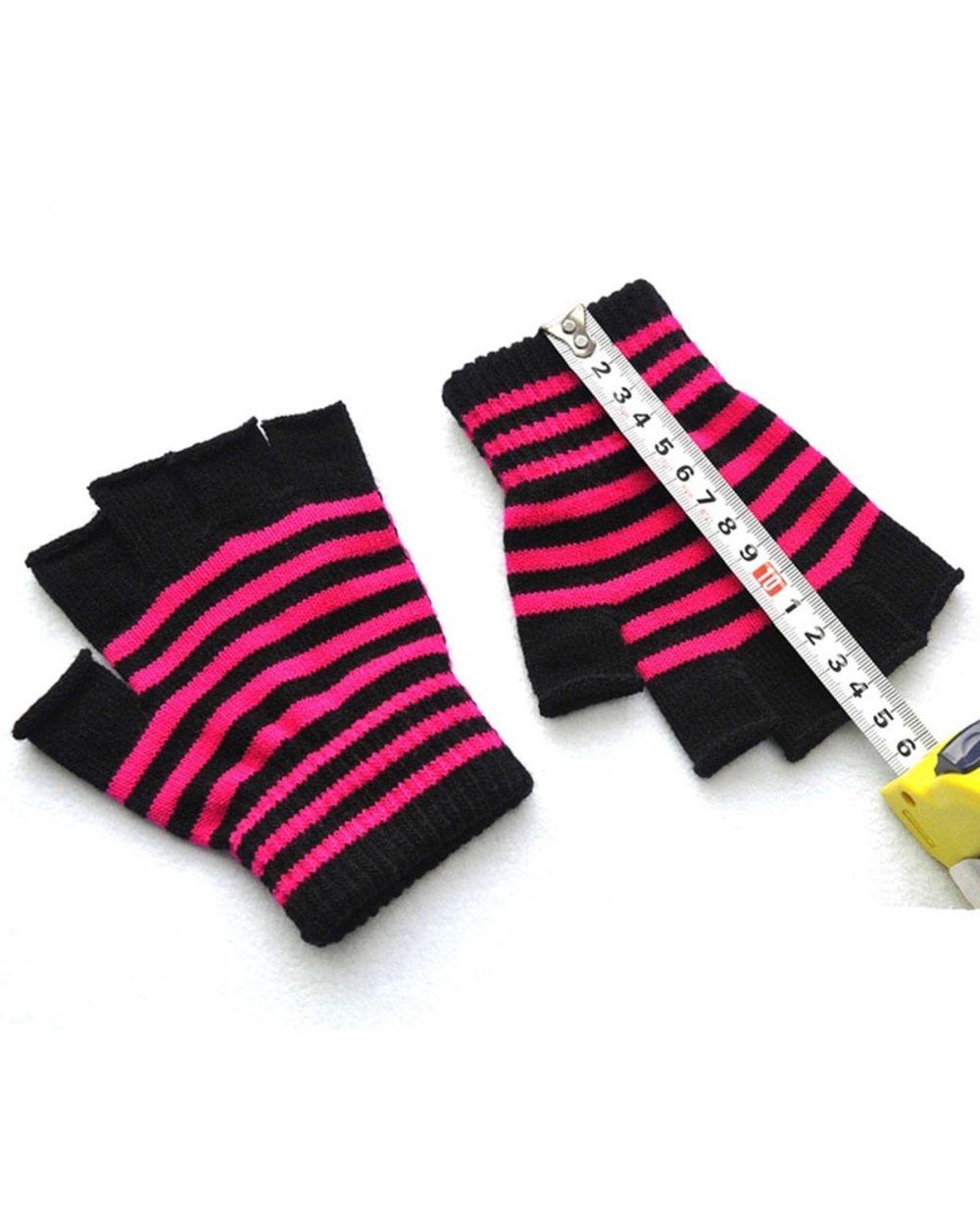 1Pair Unisex Black Stripes Half Finger Fingerless Gloves For Women Wool Knit Wrist Cotton Gloves Winter Warm Men Workou front-2