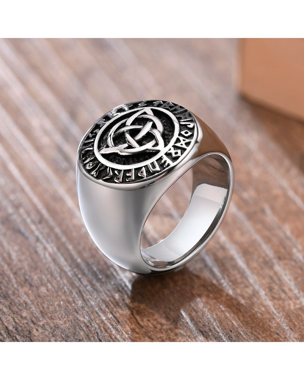 Celtic Triple Knot Rune Signet Ring Men Viking Jewelry front-4