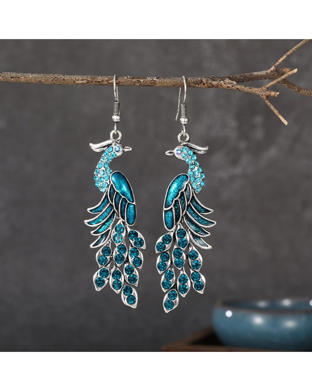 Blue Rhinestone Ethnic Butterfly Peacock Earrings Indian Jewelry Vintage Silver Color Crystal Dangle Hanging Earrings front-0