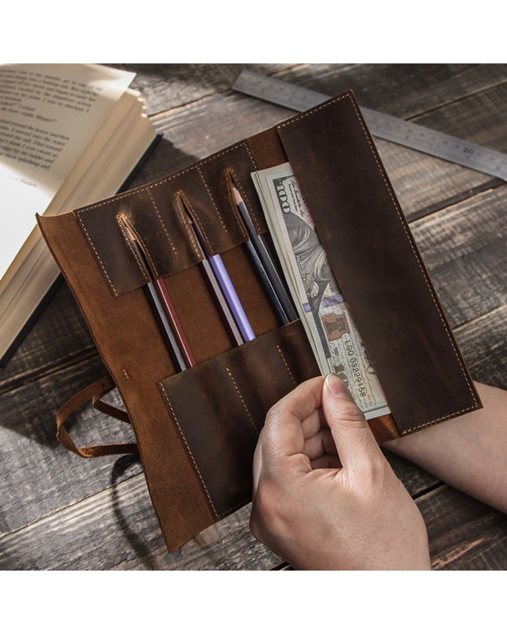 Genuine Leather Retro Luxury Pencil Cases Roll Pen Bag Storage Pouch For Stationery School Supplies Makeup Cosmetic Bag front-2