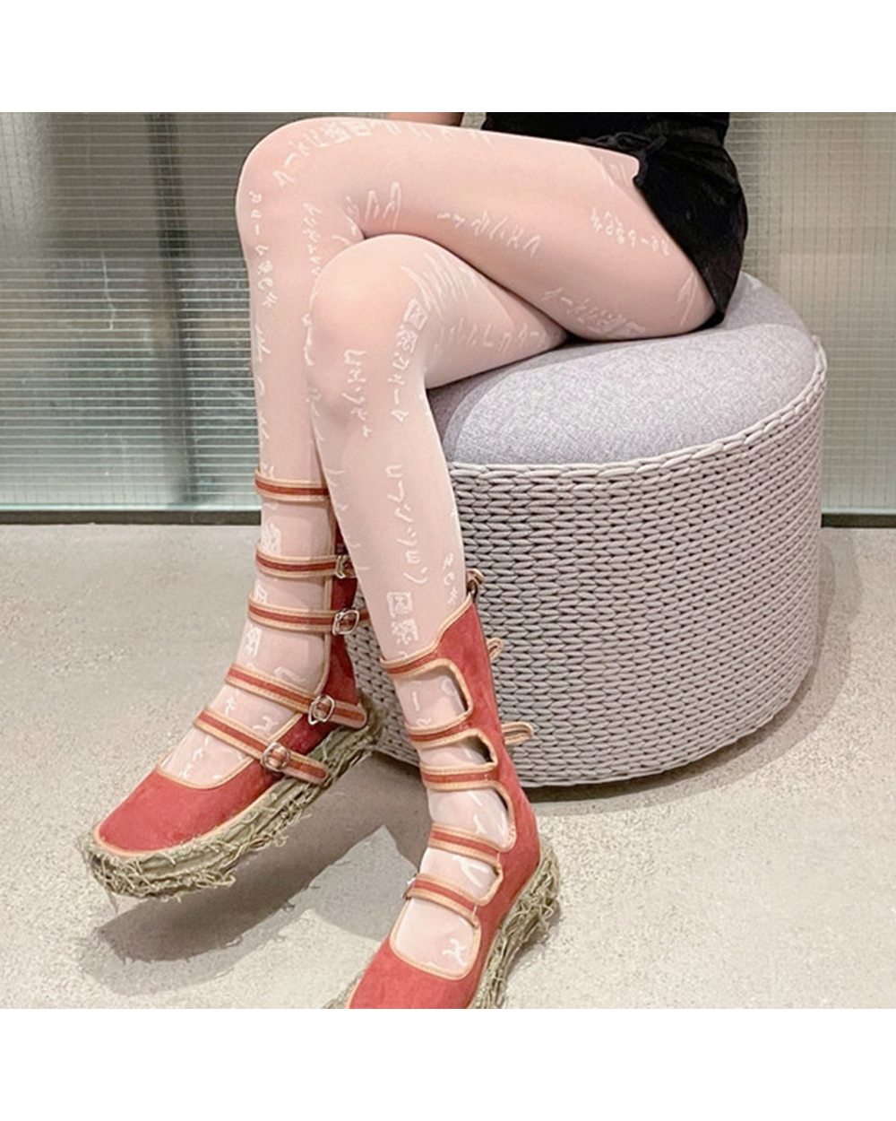 Sexy Japanese Letter Print Black Pantyhose Stockings Plus Size Tights Mesh FishNet Tattoo Patterned Tights front-3