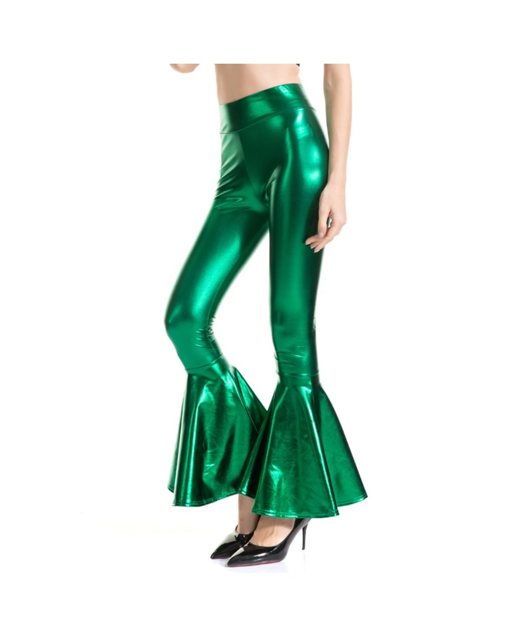 Women Flare Shiny Trousers Laser Metallic Wet look Ruffle Wide Leg Pants Retro Disco Hippie Club Trousers Bell Bottoms front-0