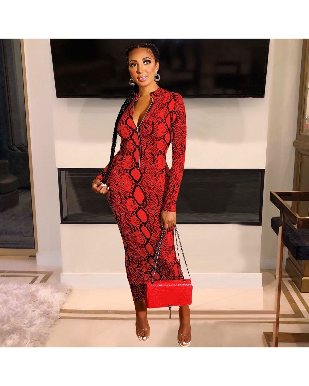 Echoine Sexy Snake Print Bodycon Long Dress Long Sleeve Zipper Women Autumn Evening Party Night Dress Vintage Vestidos front-0