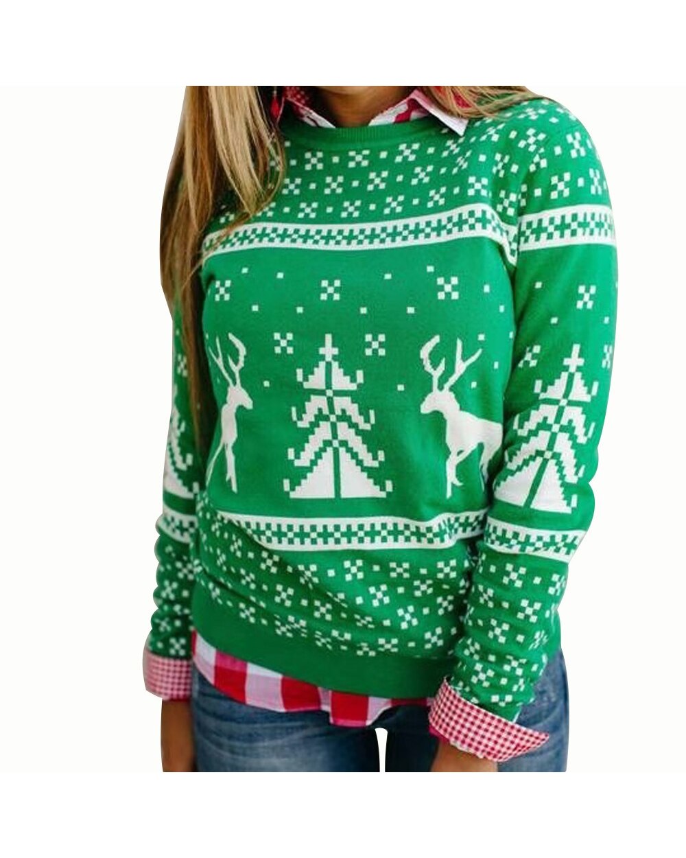 Women Christmas Sweater, Reindeer/Snowflake Pattern Long Sleeve Round Neck Sweater, Knitted Pullover front-2