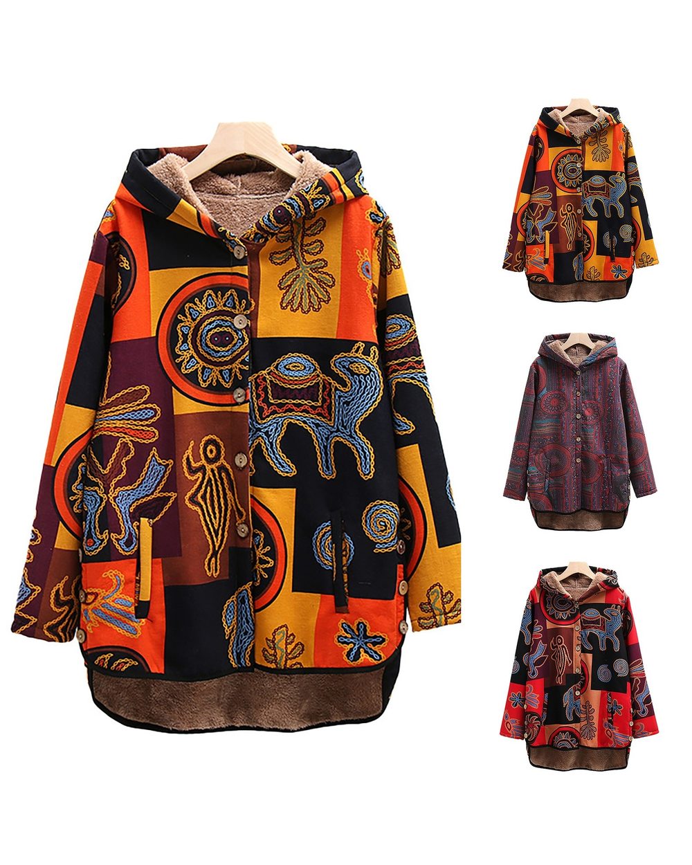 Retro Printing Splicing Zipper Hood Cardigan Long Sleeves Coat front-5