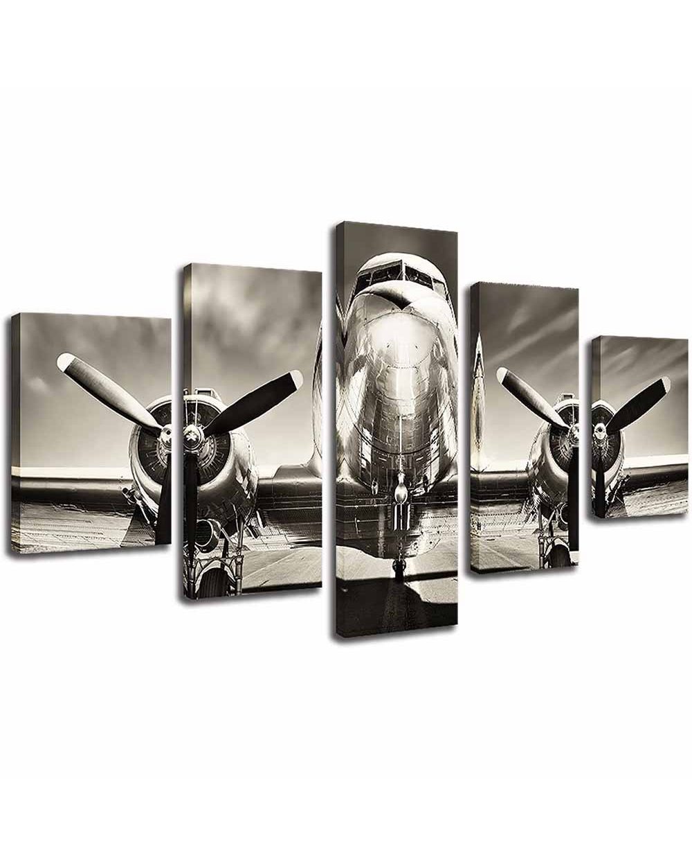 Retro Airplane on the Runway Picture Print Space 5 Panel Canvas Art Wall Decor front-0