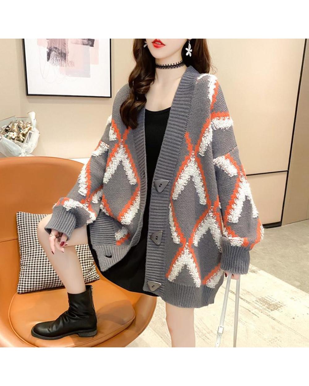 Fashion Print Women Cardigans Sweater Korean 2022 Winter New Loose Oversized Long Sleeve Knitted Lady Argyle Sweaters front-2