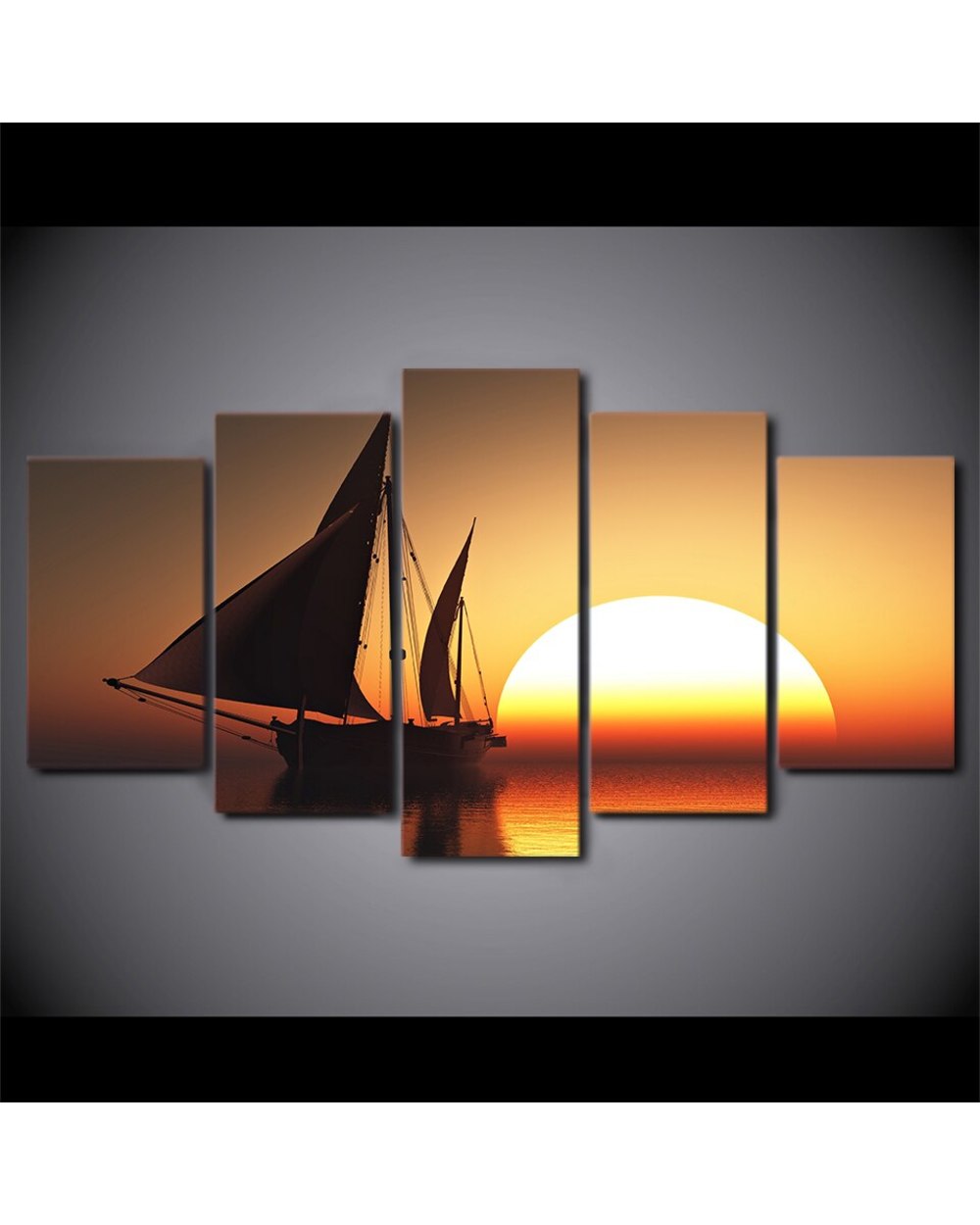 Sun Sea Ship Picture Print Scenery 5 Panel Canvas Art Wall Decor front-1