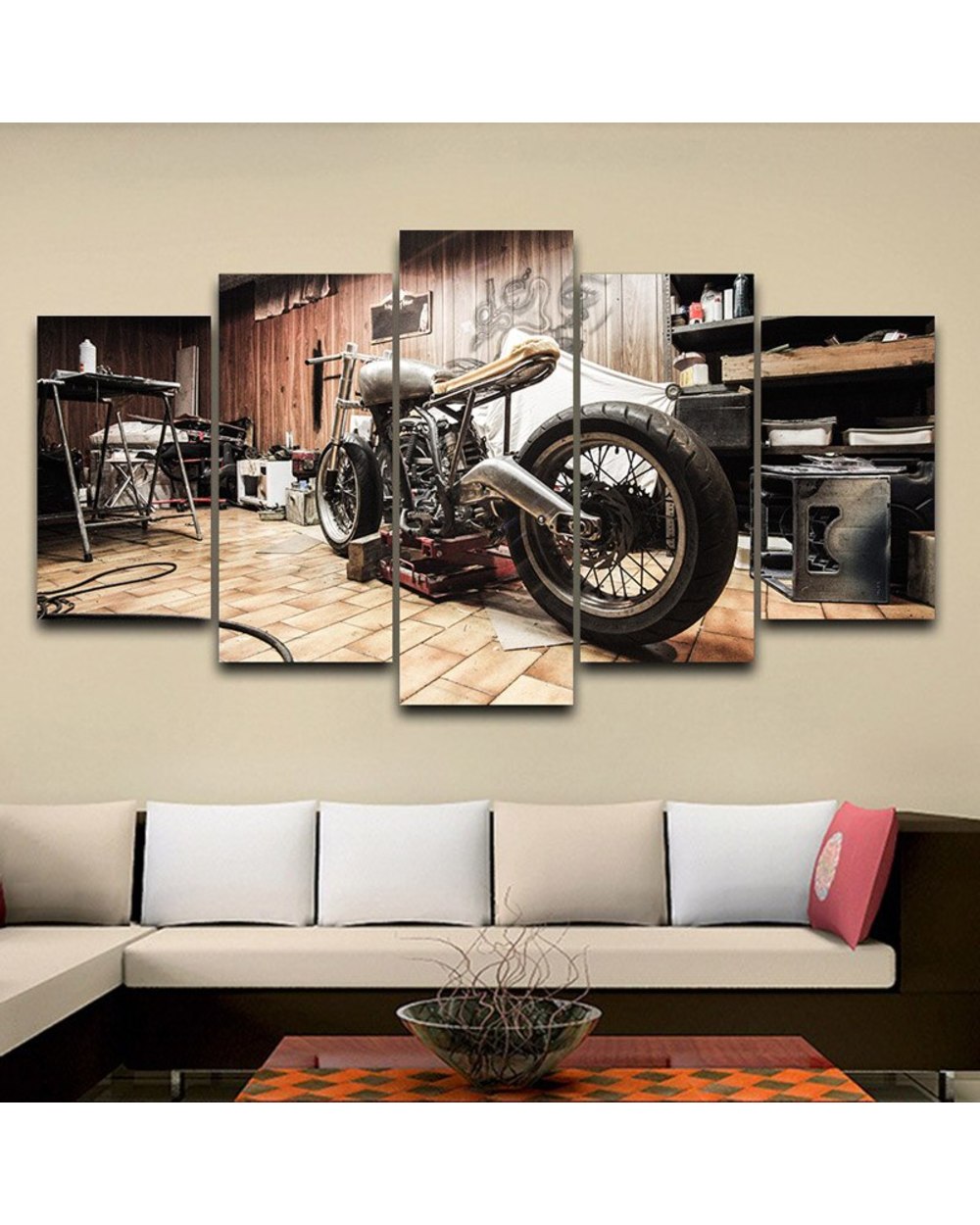Retro Motorcycle Store Vintage Picture Print Motorcycle 5 Panel Canvas Art Wall Decor front-0