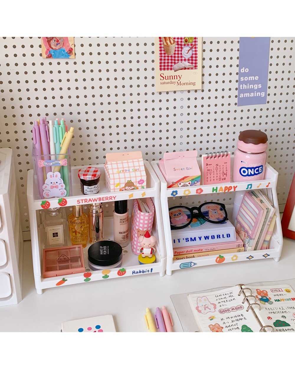 Kawaii Storage Rack 2 Layers Desk Organizer Cat Paw Ins Desktop Cosmetic Display Rack Stationery Storage Rack Table Org front-2