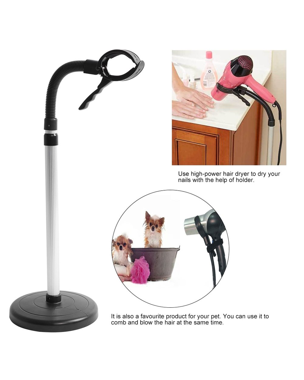 Adjustable Hair Dryer Holder Stainless Steel Stand Hands Free Removable Sucking Cup Stand Hairdryer Holder front-3