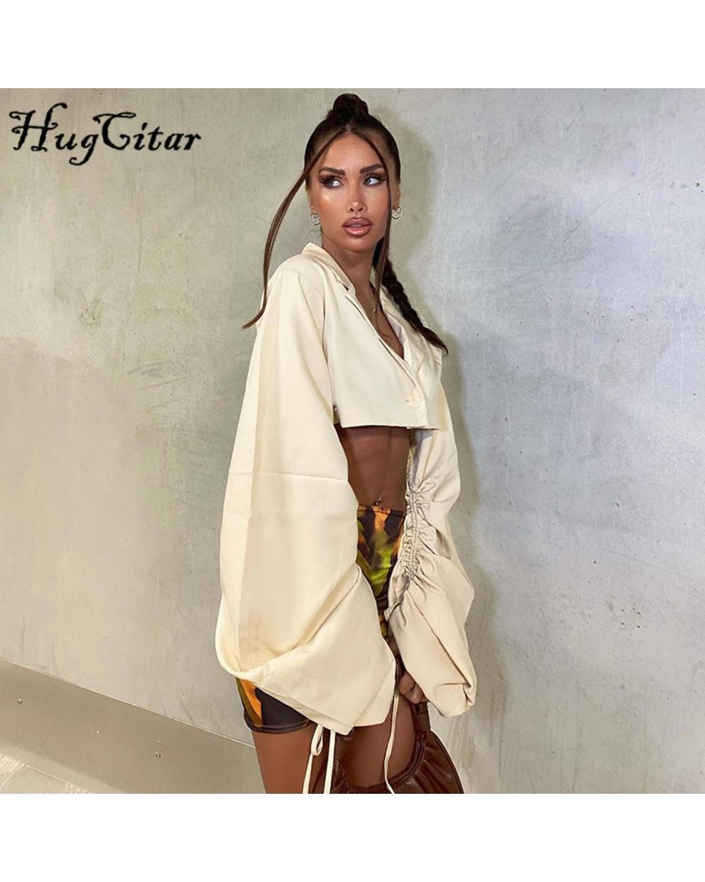 Women Single-Breasted Crop Top Long Loose Flare Sleeve With Drawstring Y2K Streetwear Outfit Fashion front-1