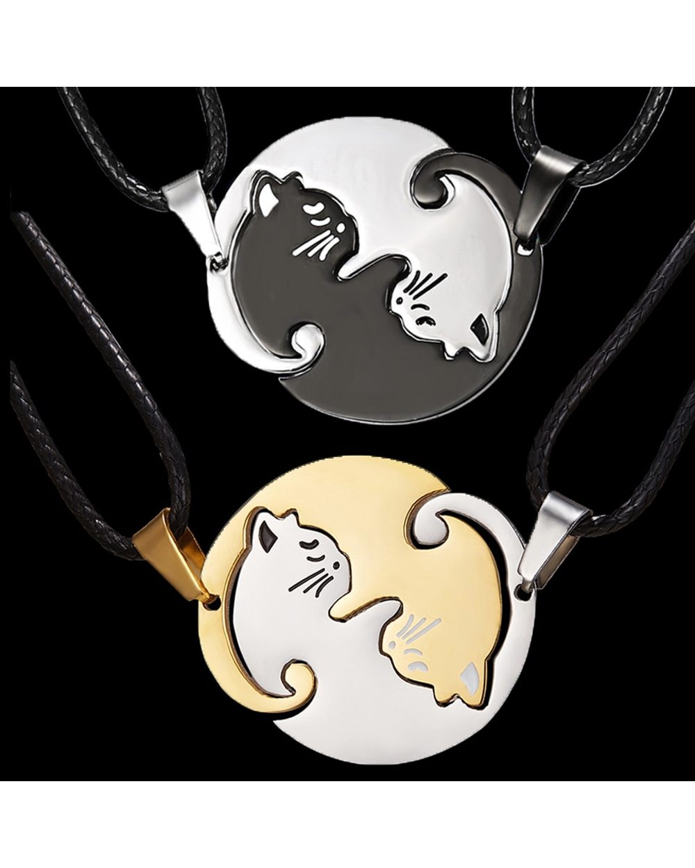 Cat Couple Jewelry Necklace Black White Kitten Animal Pendant Necklace Women Valentine's Day Gift front-0