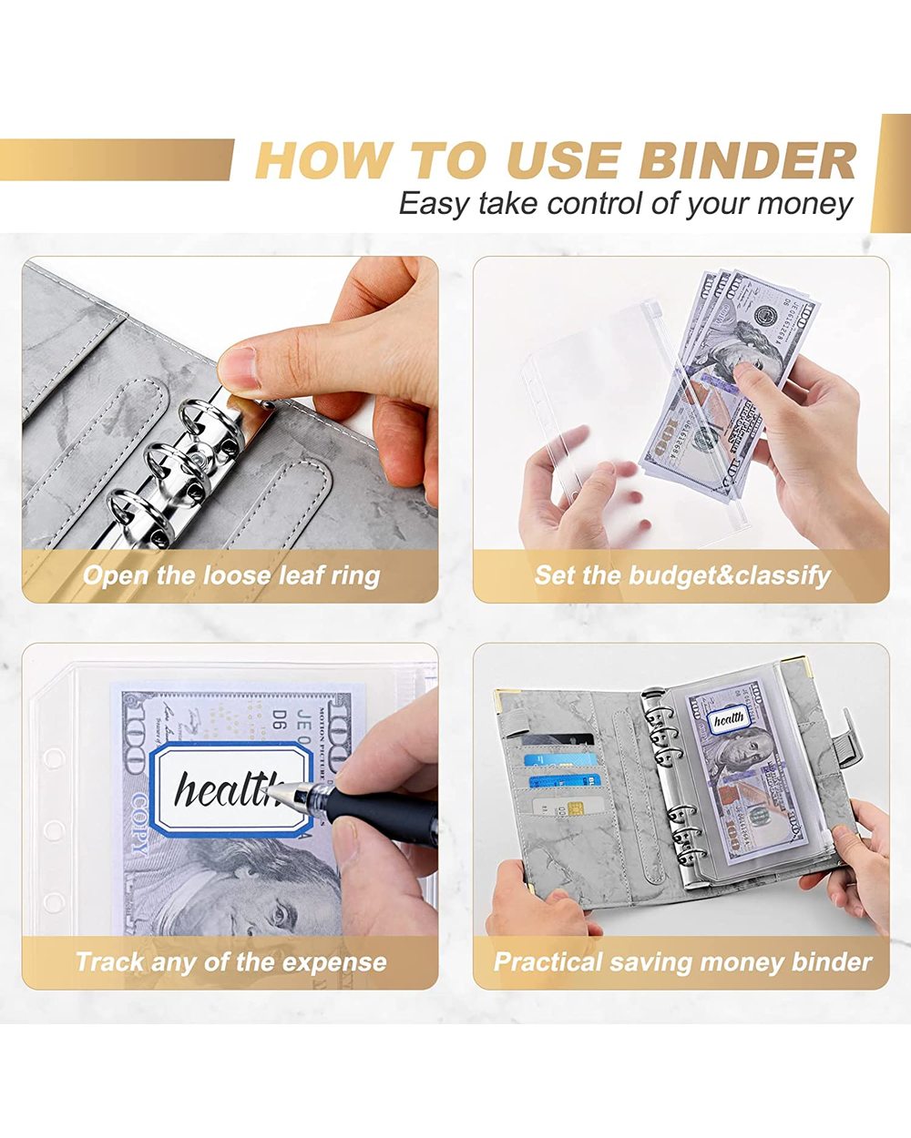 A6 Pu Leather Marble Notebook Binder Budget Planner Money Organizer For Cash Savings With 12 Zipper Envelope Pockets &A front-4
