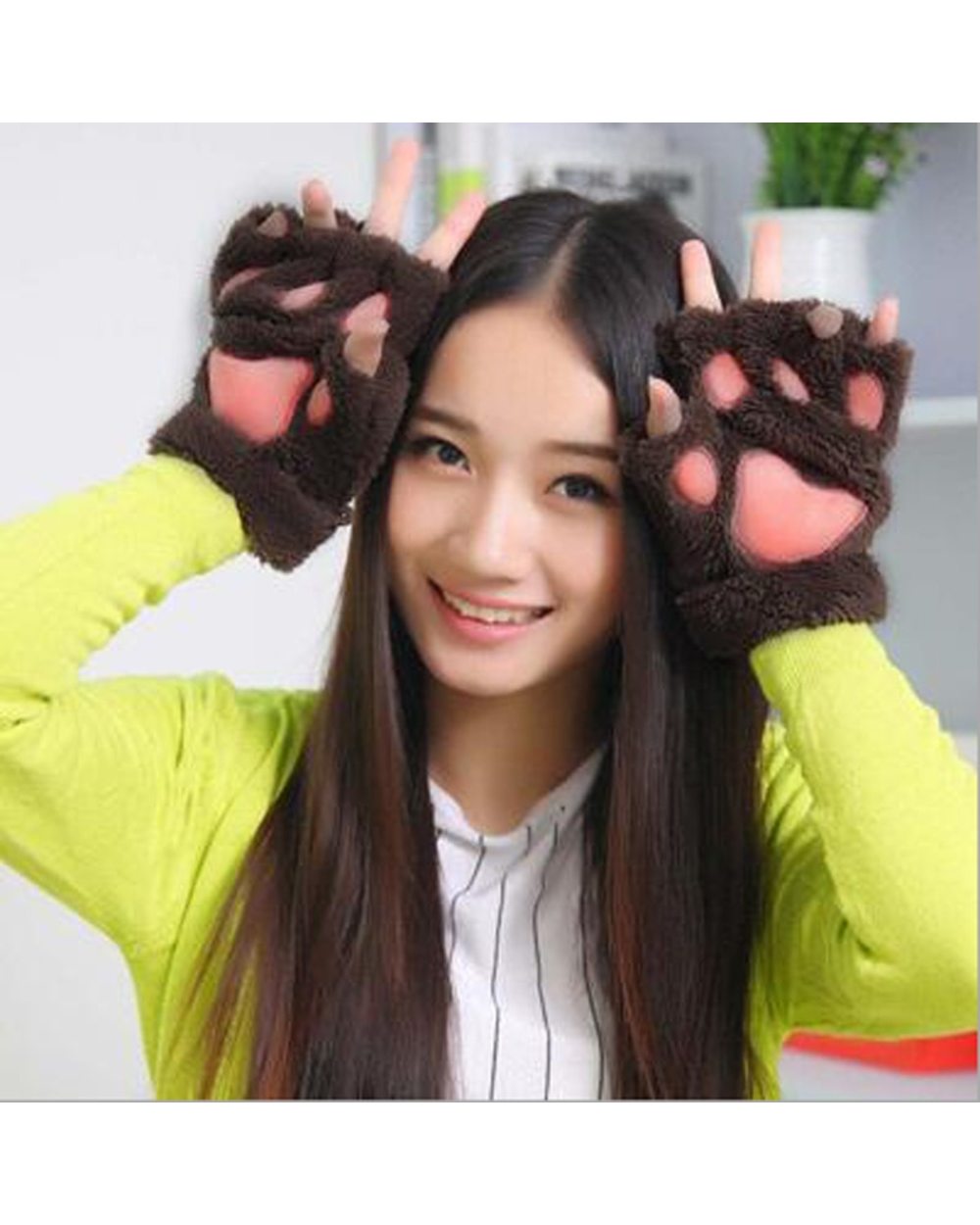 Women Lovely Cartoon Fluffy Bear Cat Claw Paw Mittens Winter Female Half Finger Plush Gloves Ladies Fingerless Warm Glo front-2