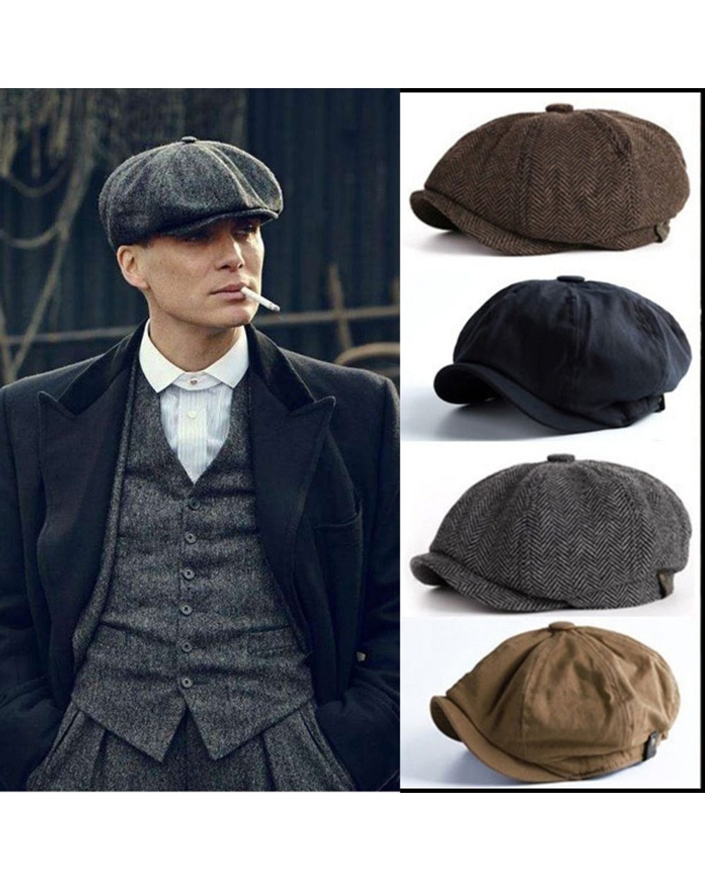 Men Retro Beret Mafia Movie Cosplay Wool Blend Vintage Herringbone Tweed Men Casual Newsboy Hat Flat Cap front-0
