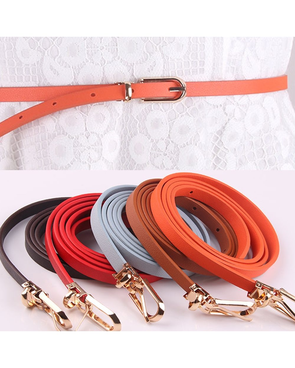 Women Faux Leather Belts Candy Color Thin Skinny Waistband Adjustable Belt Women Dress Strap front-1