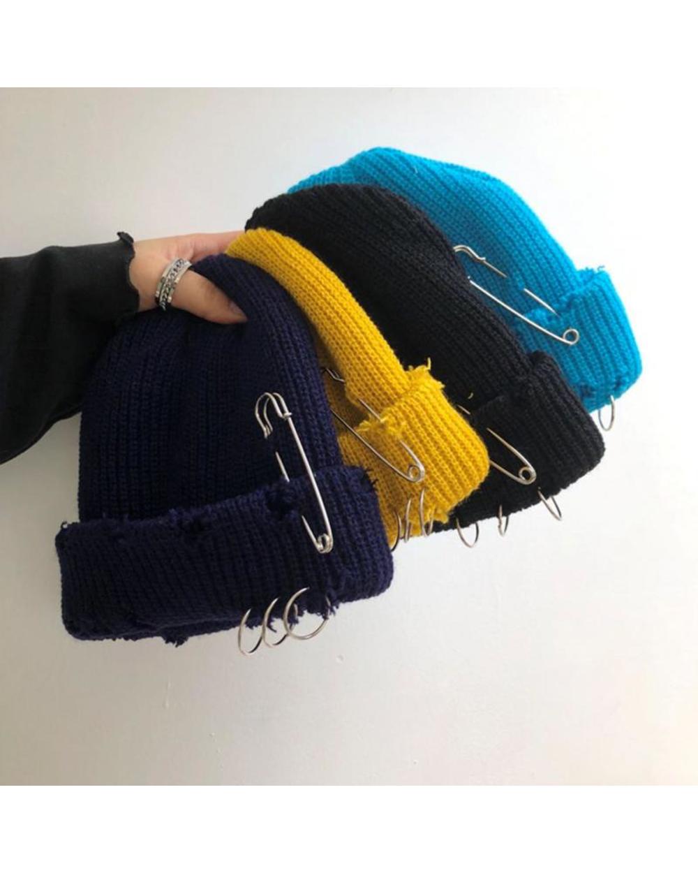 New Hip Hop Knitted Hat Women Metal Ring Brimless Unisex Basic With Ripped Holes Cap Female Stretch Hats Women Men Bonn front-0