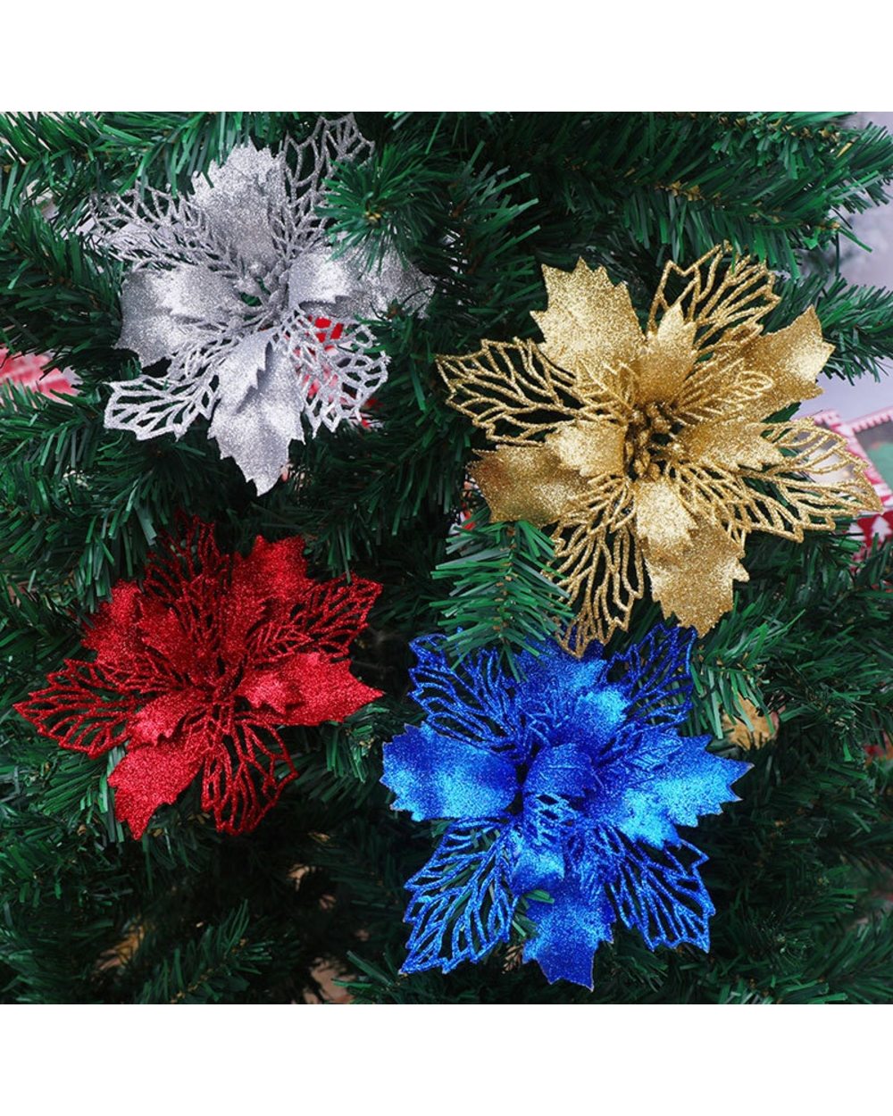 5pcs 15cm Hollow Out Glitter Artifical Christmas Flowers Navidad Xmas Tree Ornaments For Home Party Fake Flower Decor front-0