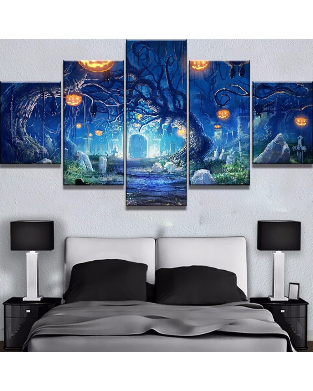 Halloween Pumpkin Tree Decoration Landscape Picture Print Holidays 5 Panel Canvas Art Wall Decor front-0
