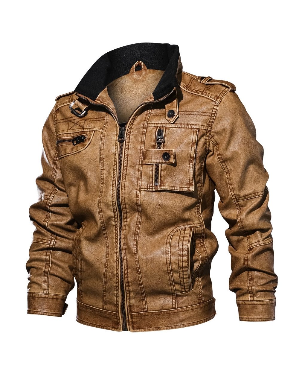 Mens Leather Jackets Motorcycle Stand Collar Zipper Pockets Male US Size PU Coats Biker front-0