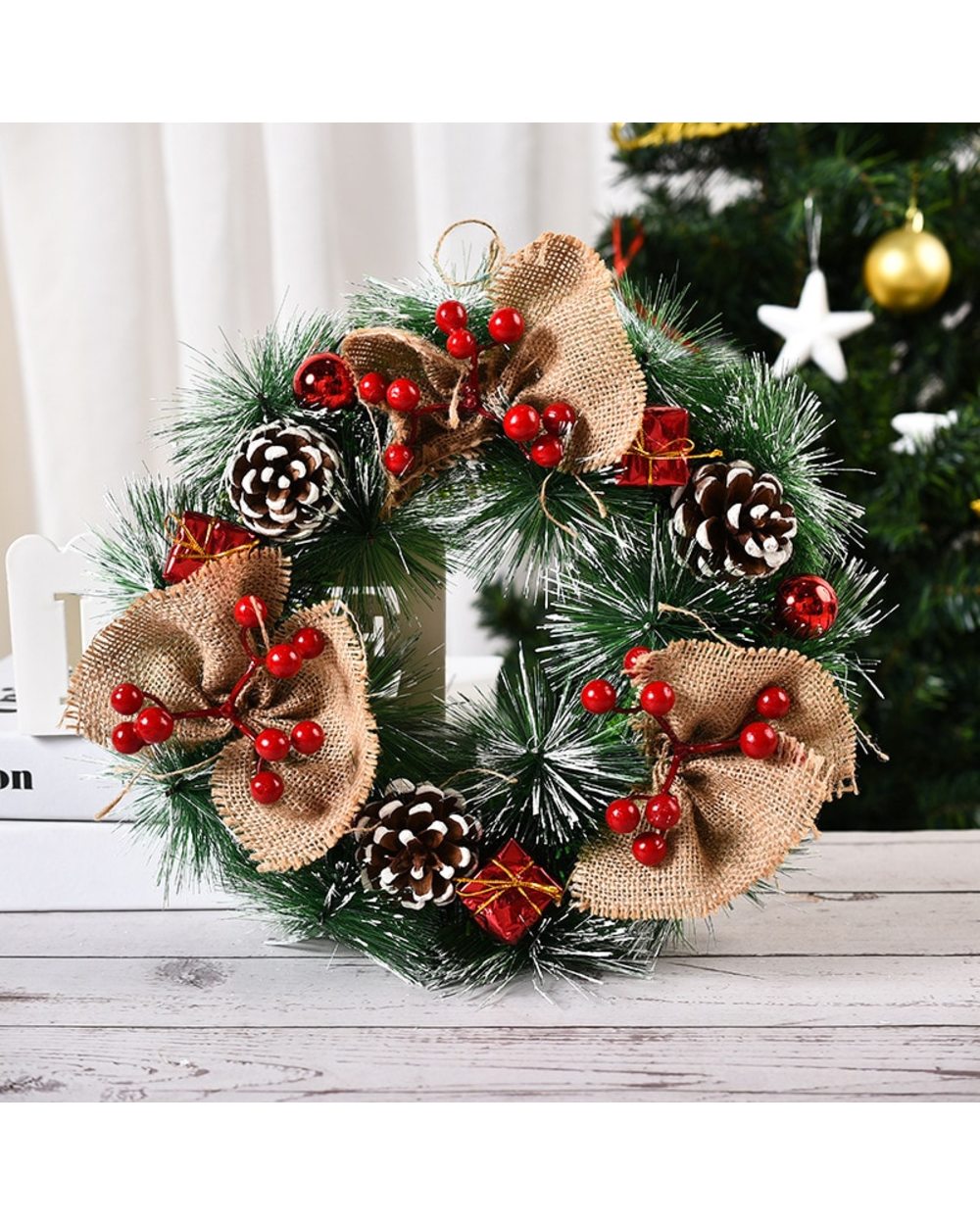 Christmas Wreath Artificial Pinecone Red Berry Garland Hanging Ornaments Front Door Wall Decorations Merry Christmas front-5