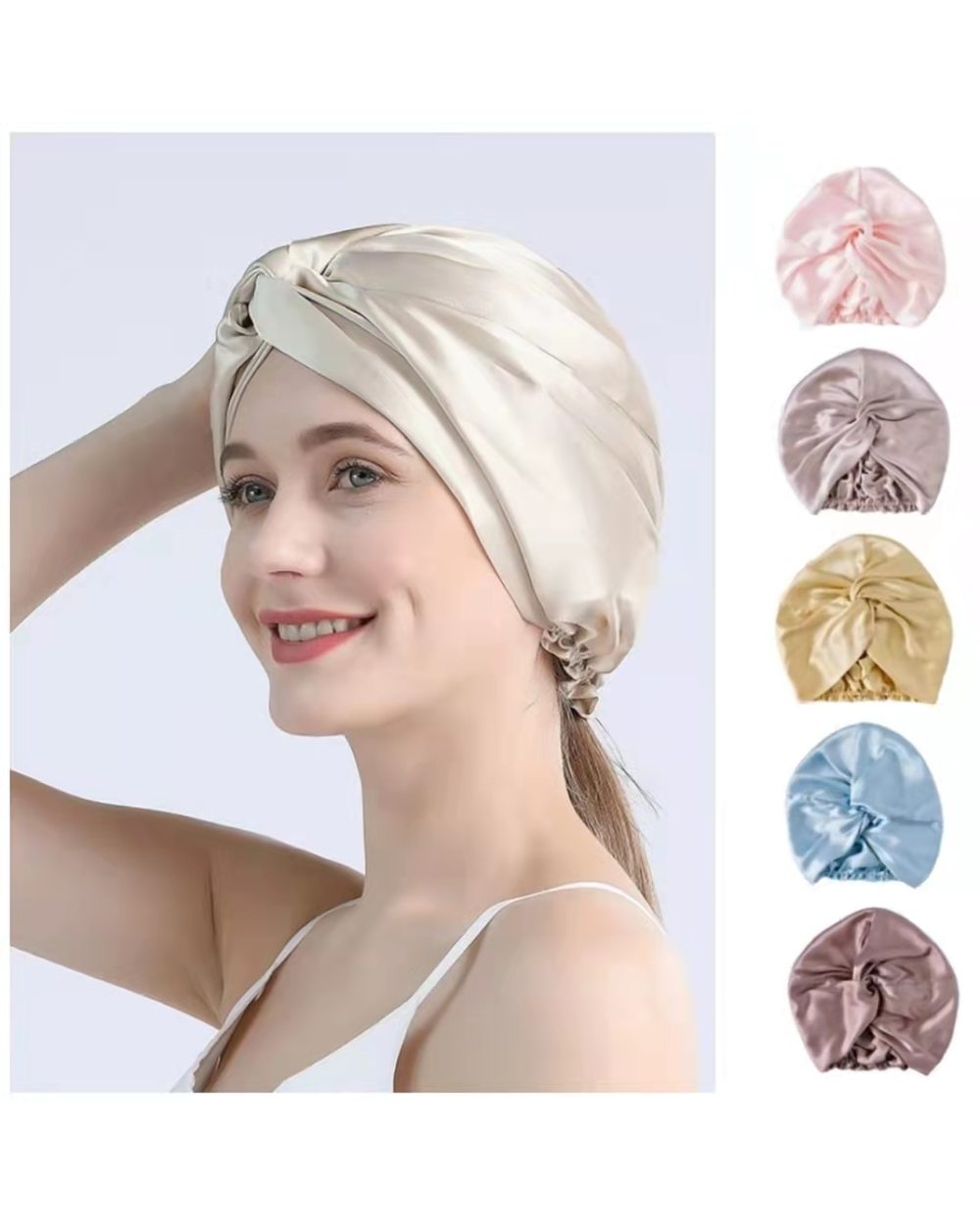 100 Mulberry Silk Turban Bonnets For Women Twisted Sleeping Night Cap 19 Momme Pure Silk Hair Wrap Cap For Curly Ladies front-1