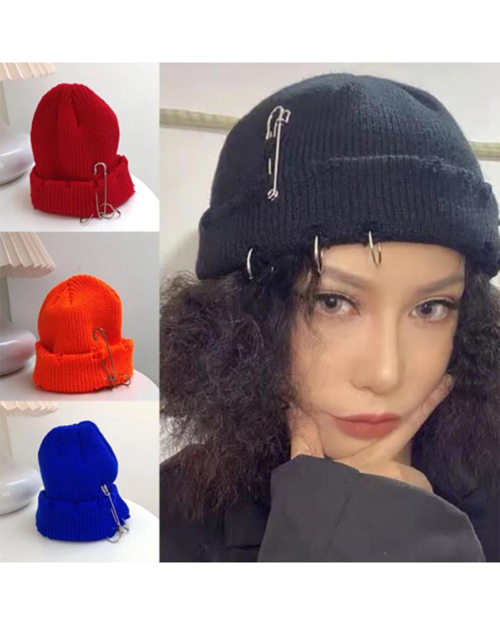 New Hip Hop Knitted Hat Women Metal Ring Brimless Unisex Basic With Ripped Holes Cap Female Stretch Hats Women Men Bonn front-4