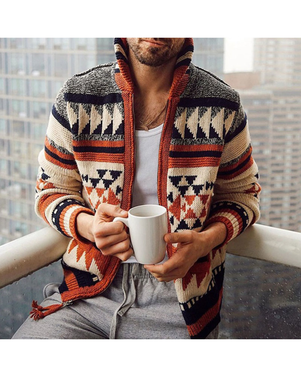 Men's High Collar Knitted Sweater Vintage Design Print Zipper Cardigan Sweaters VG06 front-0